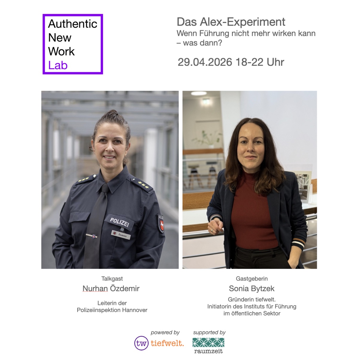 Ankündigung zum Alex-Experiment: Sonia Bytzek im Gespräch mit Nurhan Özdemir, Leiterin der Polizeiinspektion Hannover, im AuthenticNewWorkLab